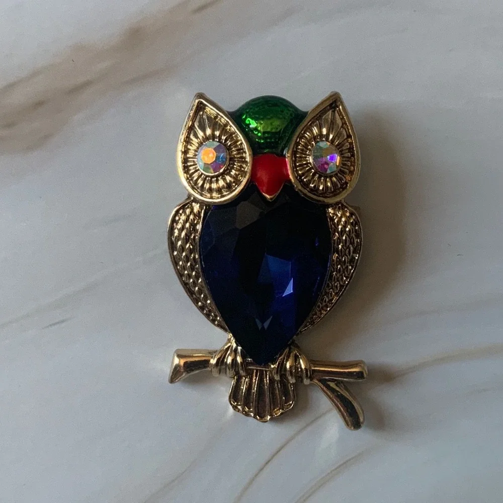 Vintage Gold Tone Owl Brooch Blue Rhinestone Crystal Enamel Bird Pin Branch